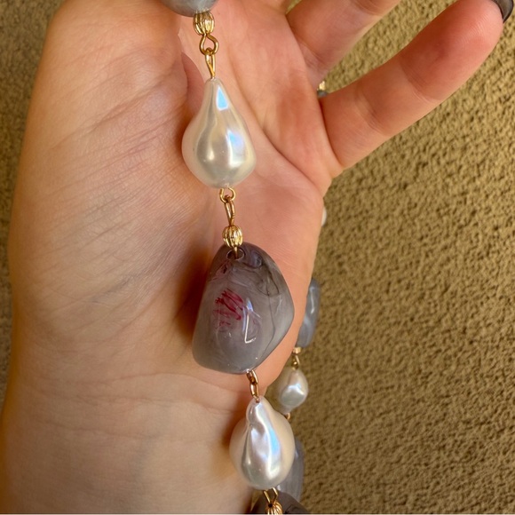 Gray Stone & Pearl Y-Drop Statement Necklace - Picture 3 of 4